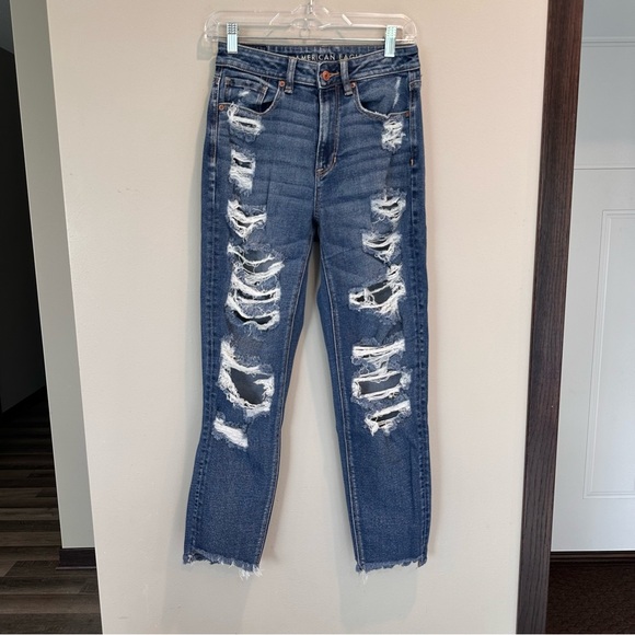 American Eagle Outfitters Denim - American Eagle Mom Jean High Rise Ripped Distressed Raw Hem Relaxed Ankle 6